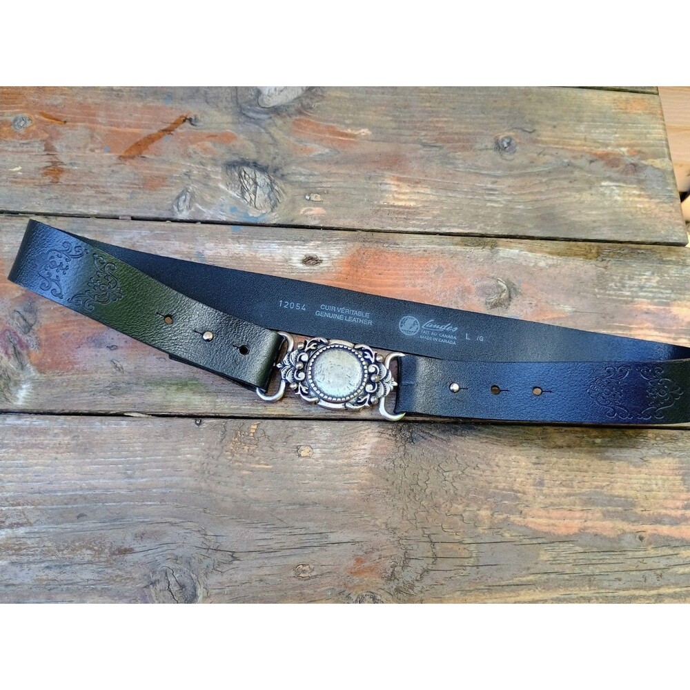 Ladies Laudes Fait Au Canada Black Leather Belt Large Buckle Italy Western